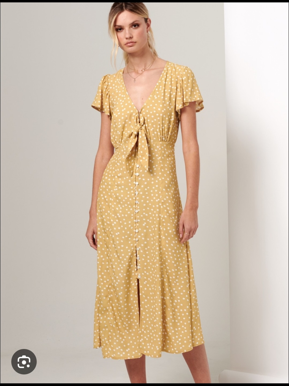 KIVARI Maxi Dress S Yellow Polkadot Tie Front V Neck Slit Boho Romantic Retro
